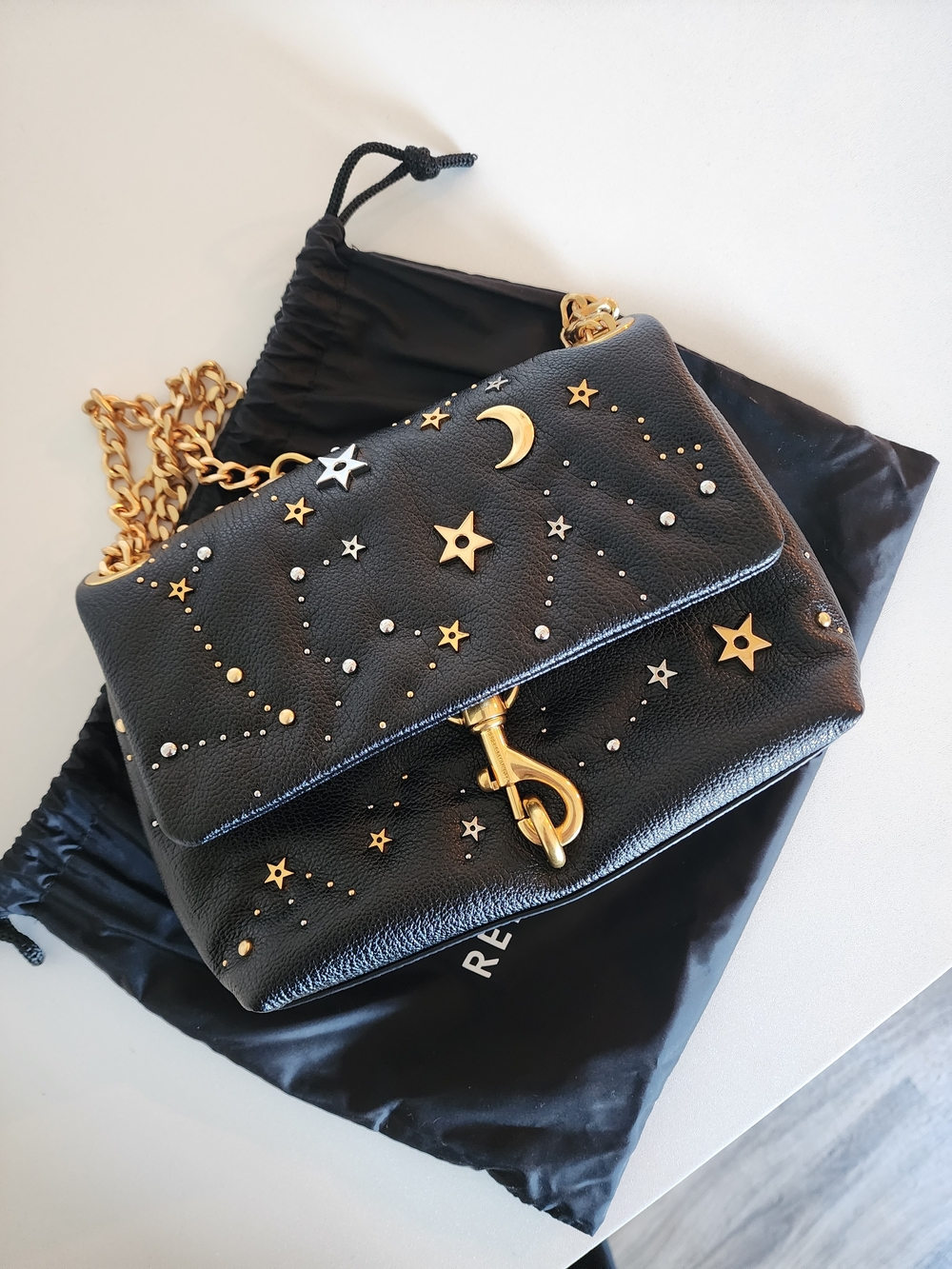 Rebecca Minkoff Black Quilted Leather Crossbody with Gold Celestial Studs